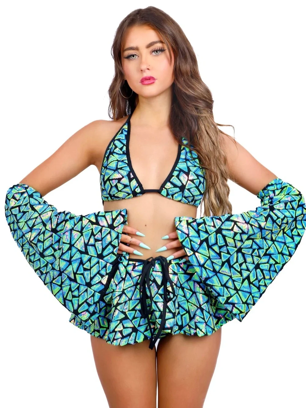 The Lumi Shop. Festival Green Mosaic Triangle Bikini Set with Flared Mini Skirt